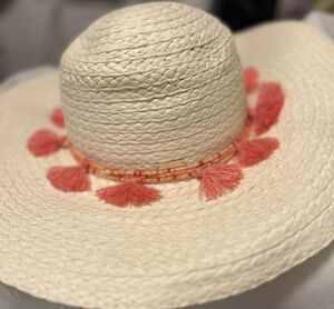 Cabana Wide Brim Summer Hat w/orange Tassels& Beads Floppy Beach Sun Hat, O/S